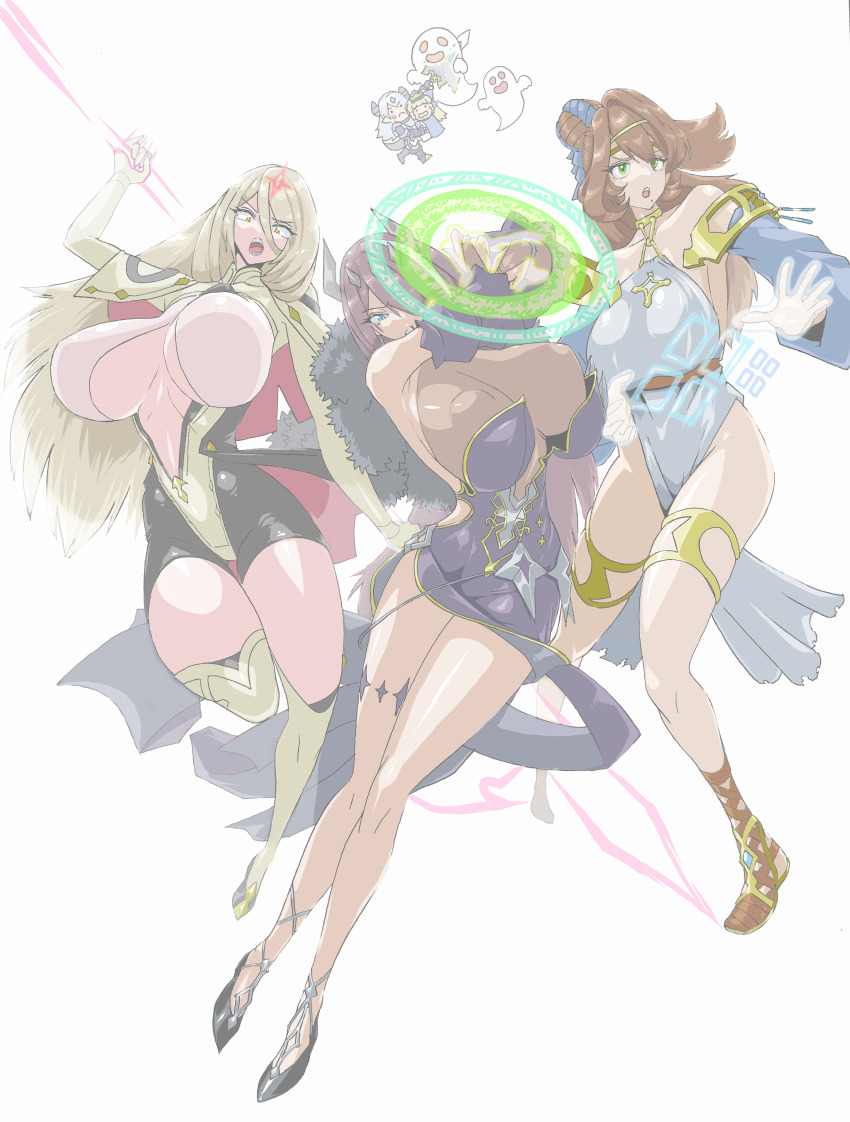 1boy, 4girls, absurdres, blonde_hair, blue_eyes, breasts, brown_hair, character_request