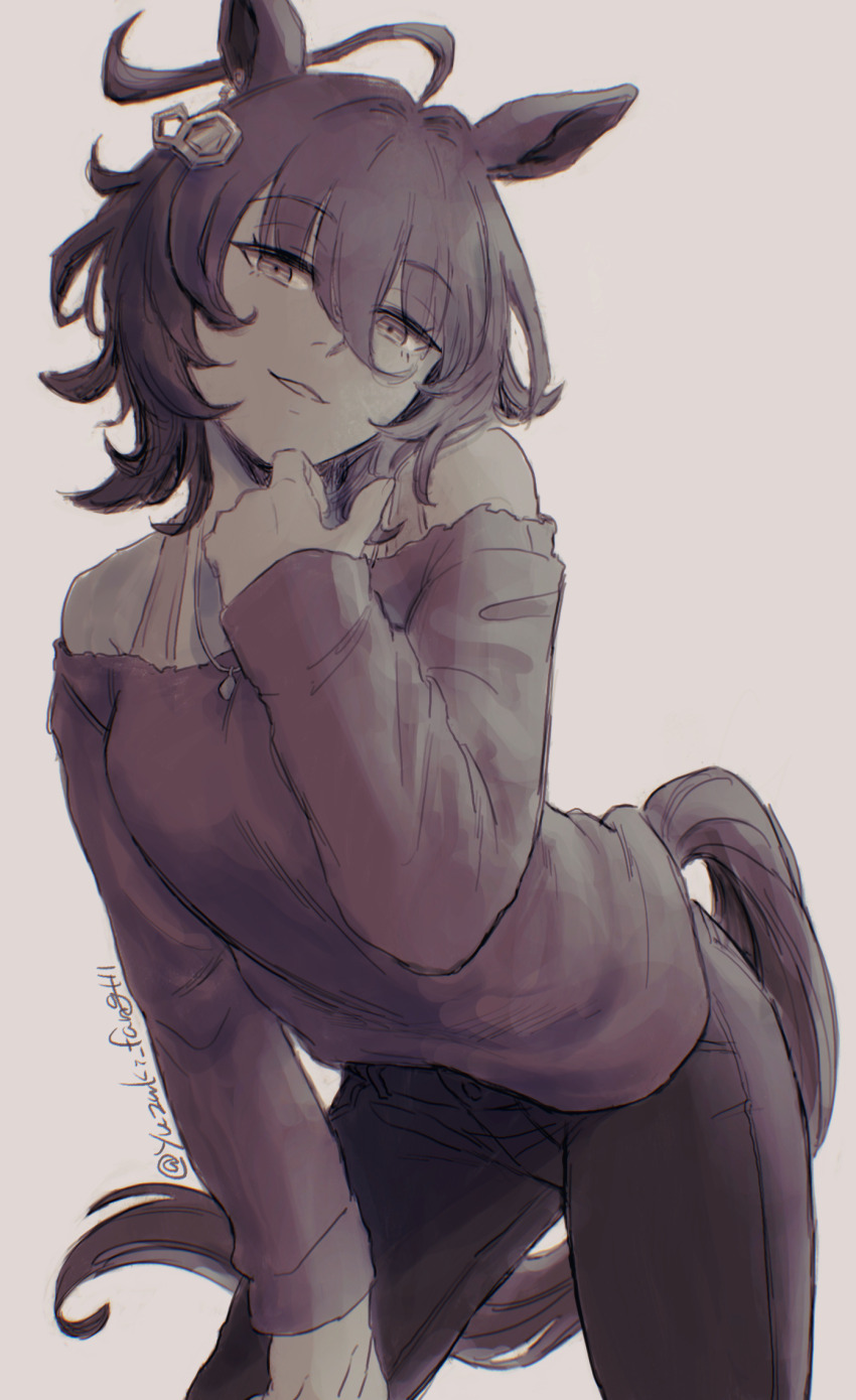 1girl, agnes_tachyon_(umamusume), ahoge, animal_ears, bare_shoulders, bent_over, brown_hair, greyscale