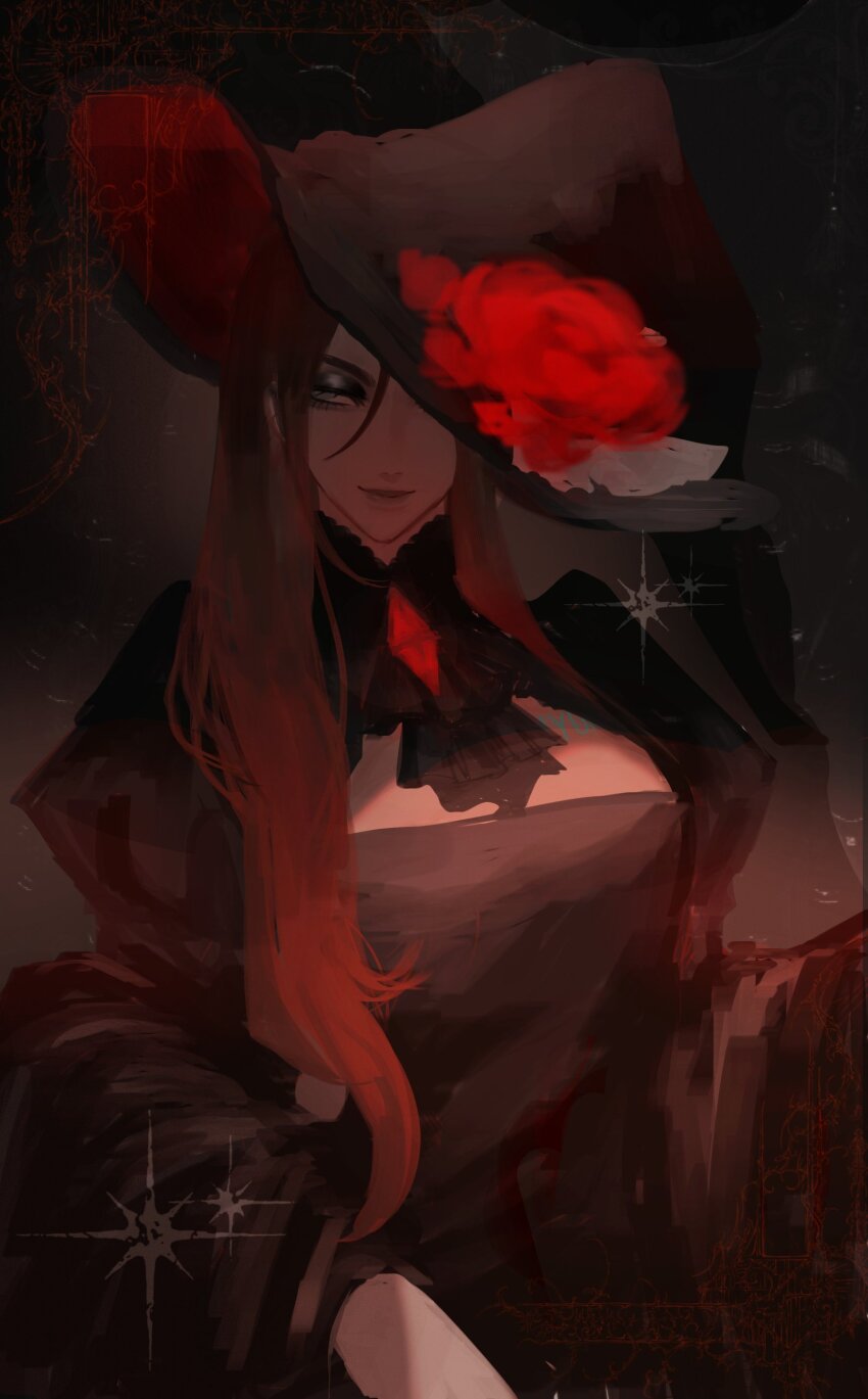 1girl, absurdres, alien_stage, alternate_costume, ascot, black_ascot, black_dress, black_hat, brown_hair, cleavage_cutout, clothing_cutout, commentary, cowboy_shot, dark-skinned_female, dark_skin, dress, english_commentary, eyeshadow, flower, grey_eyeshadow, hat, hat_flower, highres, hyuna_(alien_stage), hyunmi_(pathtoanal), long_hair, looking_to_the_side, makeup, red_flower, red_rose, rose, smile, solo, very_long_hair, witch_hat