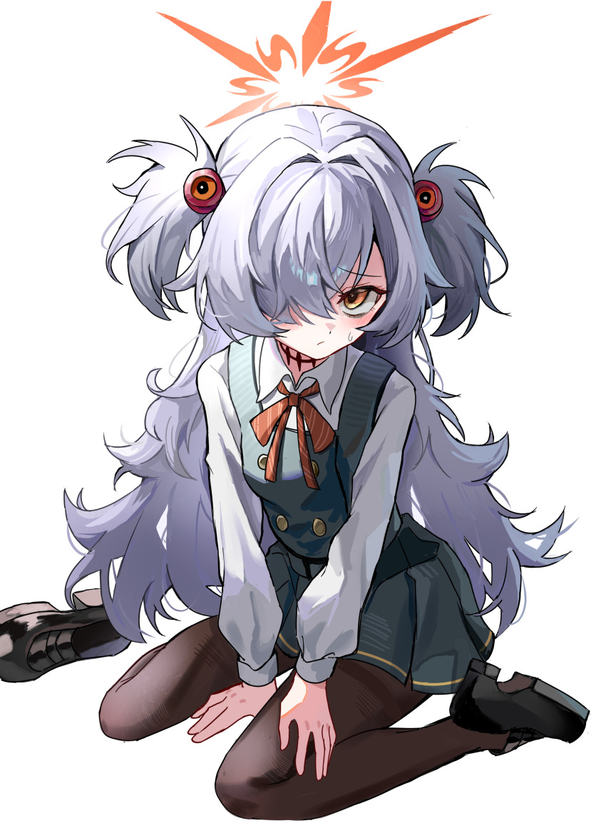 1girl, :/, absurdres, between_legs, black_pantyhose, black_shoes, blue_archive, blush, brown_eyes, brown_halo, buttons, chinese_commentary, closed_mouth, collared_shirt, commentary_request, double-breasted, dress, full_body, green_dress, grey_hair, hair_ornament, hair_over_one_eye, halo, hand_between_legs, hand_on_own_thigh, highres, kanoe_(blue_archive), loafers, long_hair, long_sleeves, looking_at_viewer, neck_ribbon, pantyhose, pinafore_dress, pleated_dress, red_ribbon, ribbon, scar, scar_on_neck, shirt, shoes, short_dress, sidelocks, simple_background, single_shoe, sitting, sleeveless, sleeveless_dress, solo, striped_ribbon, sweatdrop, thighband_pantyhose, two_side_up, unworn_shoes, very_long_hair, wariza, white_background, white_shirt, zhuti483486
