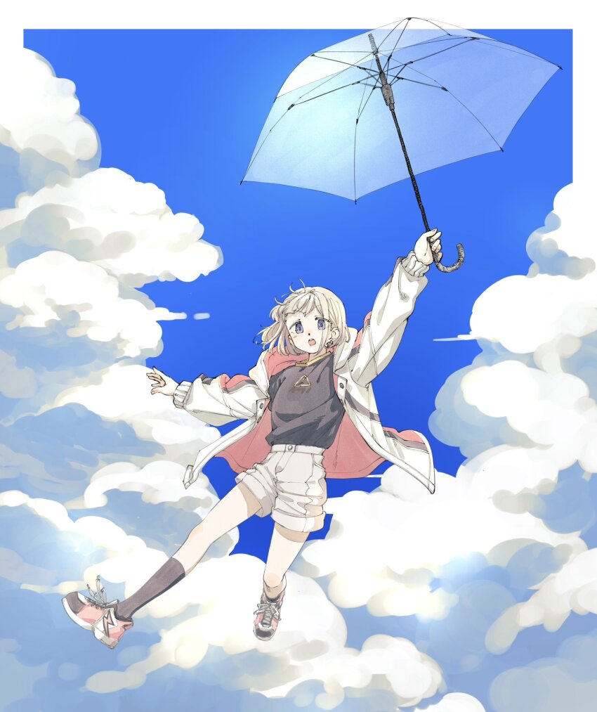 1girl, :o, arm_up, bikbuk14, black_shirt, black_socks, blue_eyes, blue_sky