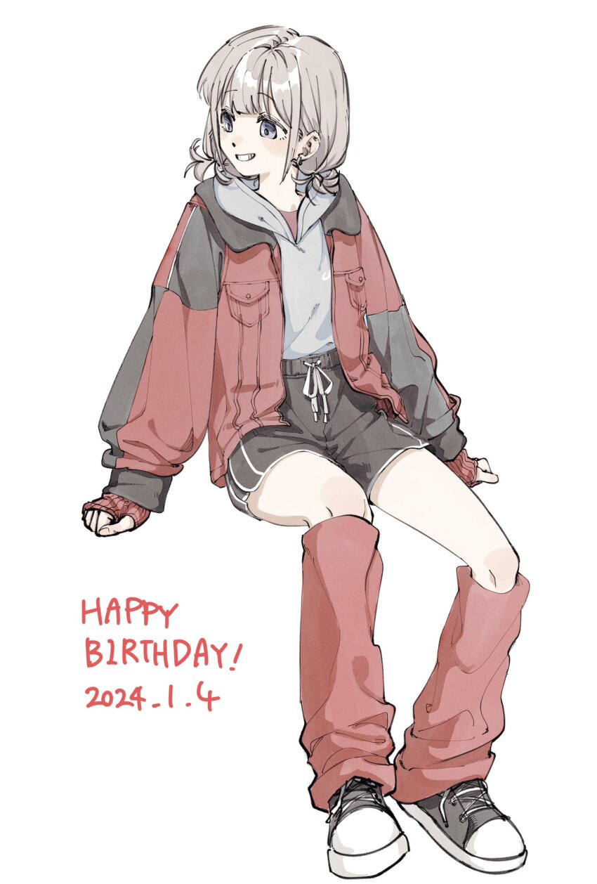 1girl, 2024, arm_support, bikbuk14, black_jacket, black_shoes, black_shorts, blue_eyes