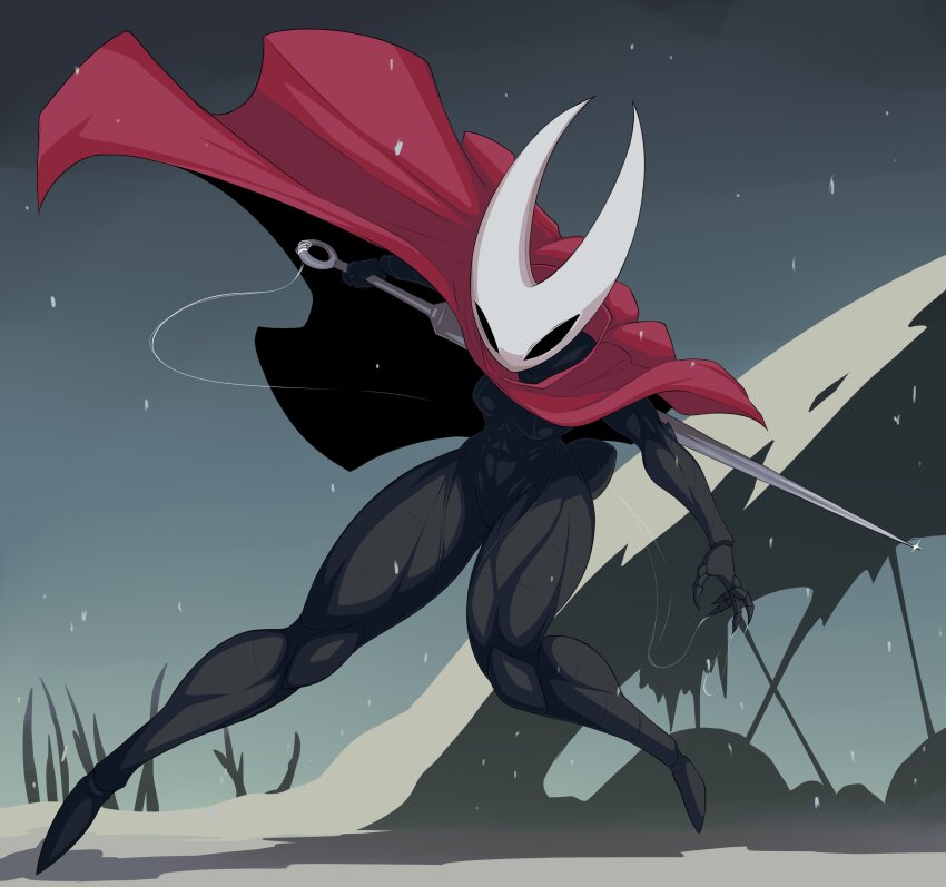 1girl, abs, absurdres, arthropod_limbs, cloak, exoskeleton, highres, holding, holding_needle, hollow_knight, hollow_knight:_silksong, hornet_(hollow_knight), mask, needle, needle_(hollow_knight), needle_sword, silk, snow, snowing, solo, tacticoolmofo, tent, toned