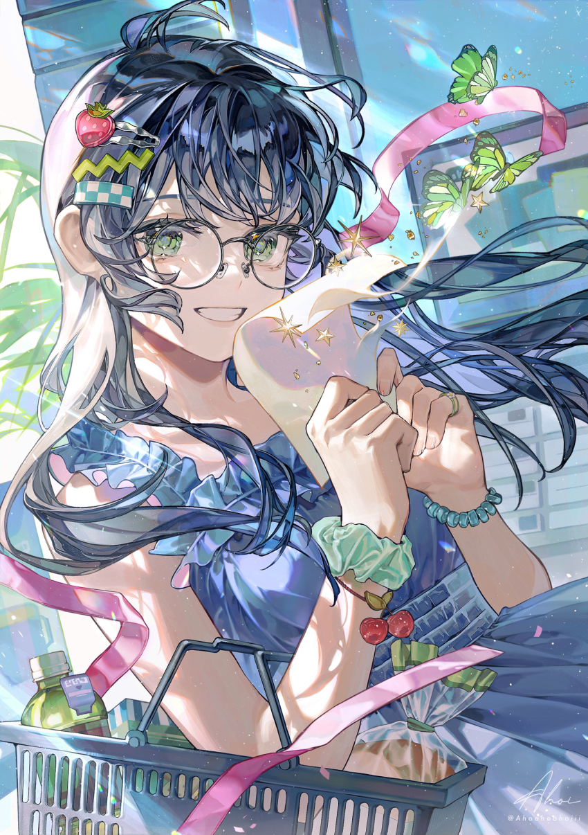 1girl, absurdres, ahoi, basket, black_hair, blue_dress, bottle, bracelet