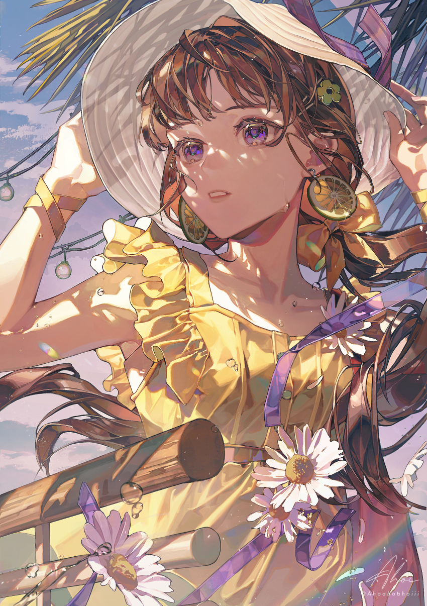 1girl, absurdres, ahoi, artist_name, bow, brown_hair, commentary_request, day