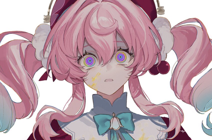 1girl, @_@, aqua_hair, beret, blood_on_cheek, close-up, dress, drill_hair