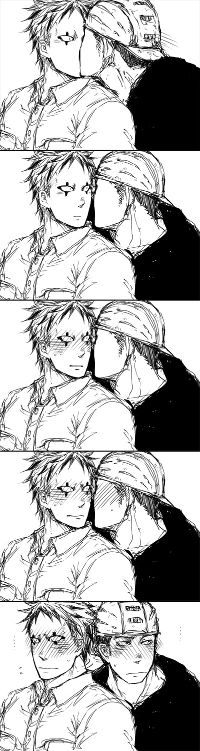 2boys, aikawa_(dorohedoro), aikawa_you, blush, comic, dorohedoro, embarrassed, greyscale