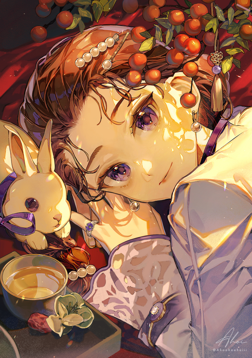 1girl, absurdres, ahoi, animal, arm_pillow, artist_name, brown_hair, closed_mouth