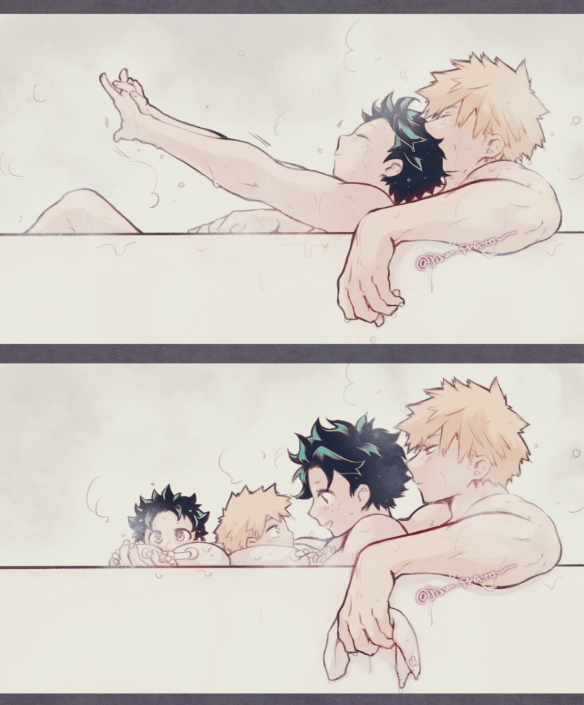 2koma, baby, bakudeku, bakugou_katsuki, bath, bathing, bathtub, blonde_hair, boku_no_hero_academia, comic, curly_hair, familt, freckles, green_hair, highres, jam_praton, lying_on_person, male, midoriya_izuku, nude, omegaverse, spiked_hair, toddler, yaoi