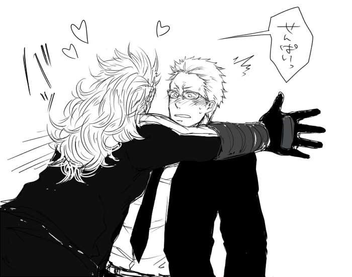 1boy, 1girl, belt, blush, dorohedoro, formal_clothes, glasses, gloves, greyscale, heart, long_hair, monochrome, necktie, noi_(dorohedoro), shin_(dorohedoro), suit, tenso_(0531666), tuxedo