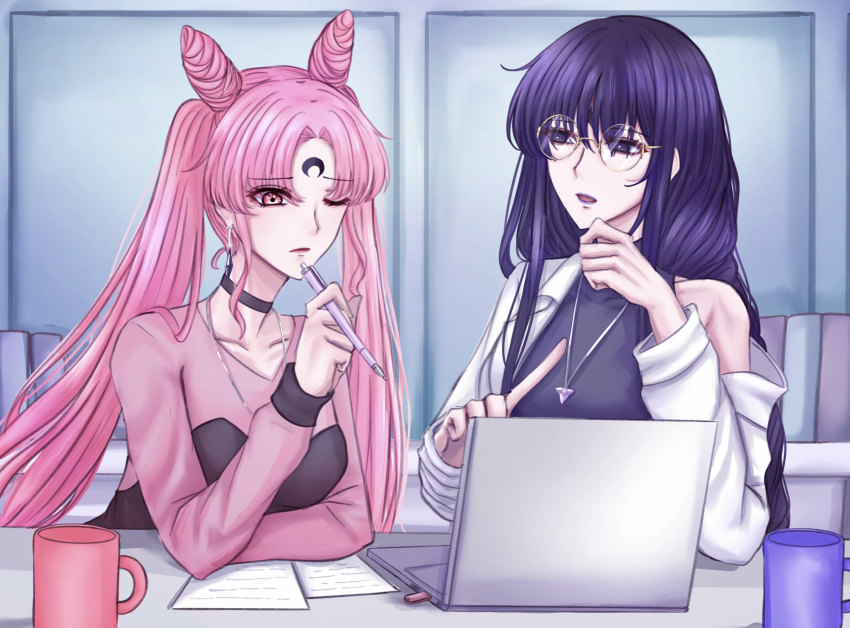 2girls, adapted_costume, aged_up, bishoujo_senshi_sailor_moon, bishoujo_senshi_sailor_moon_r, bishoujo_senshi_sailor_moon_s, black_hair, black_lady_(sailor_moon)