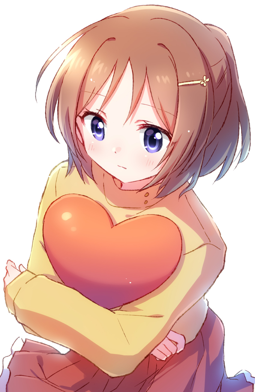 1girl, absurdres, brown_hair, closed_mouth, commentary_request, hair_ornament, hairclip, heart