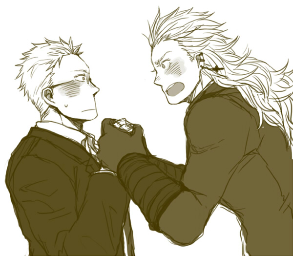 1boy, 1girl, blush, cross_earrings, dorohedoro, earrings, formal_clothes, glasses