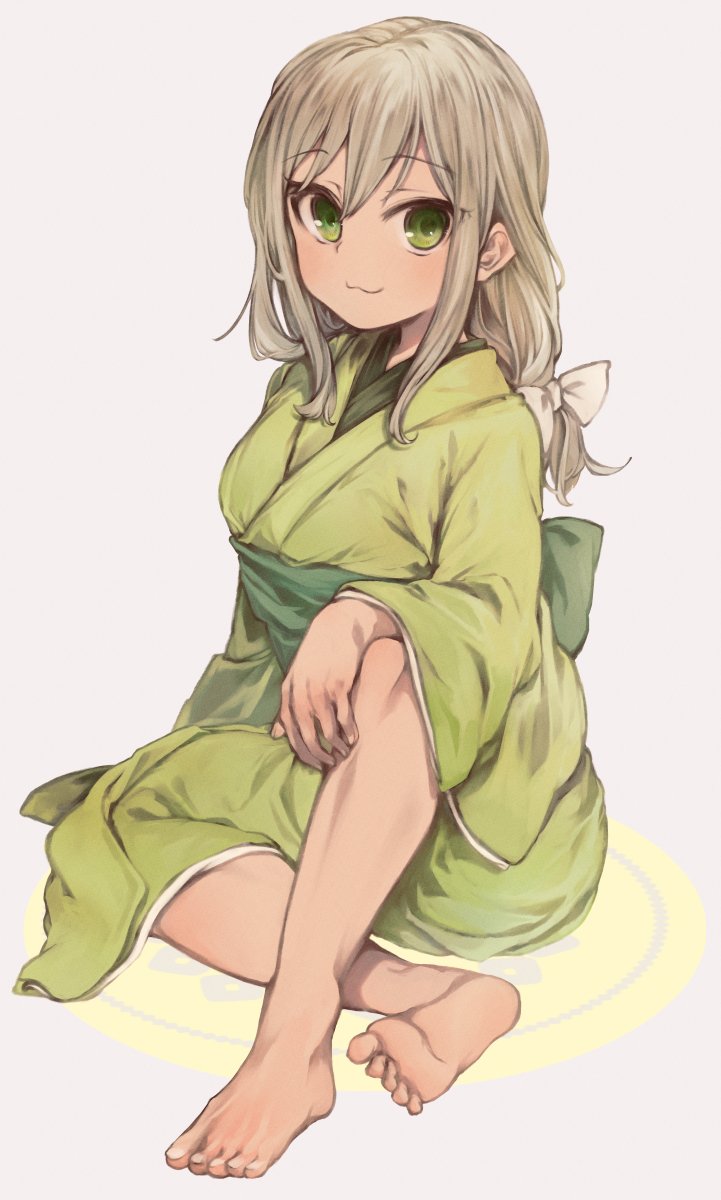 1girl, :3, atsumi_ryou, barefoot, blonde_hair, bow, closed_mouth, commentary_request