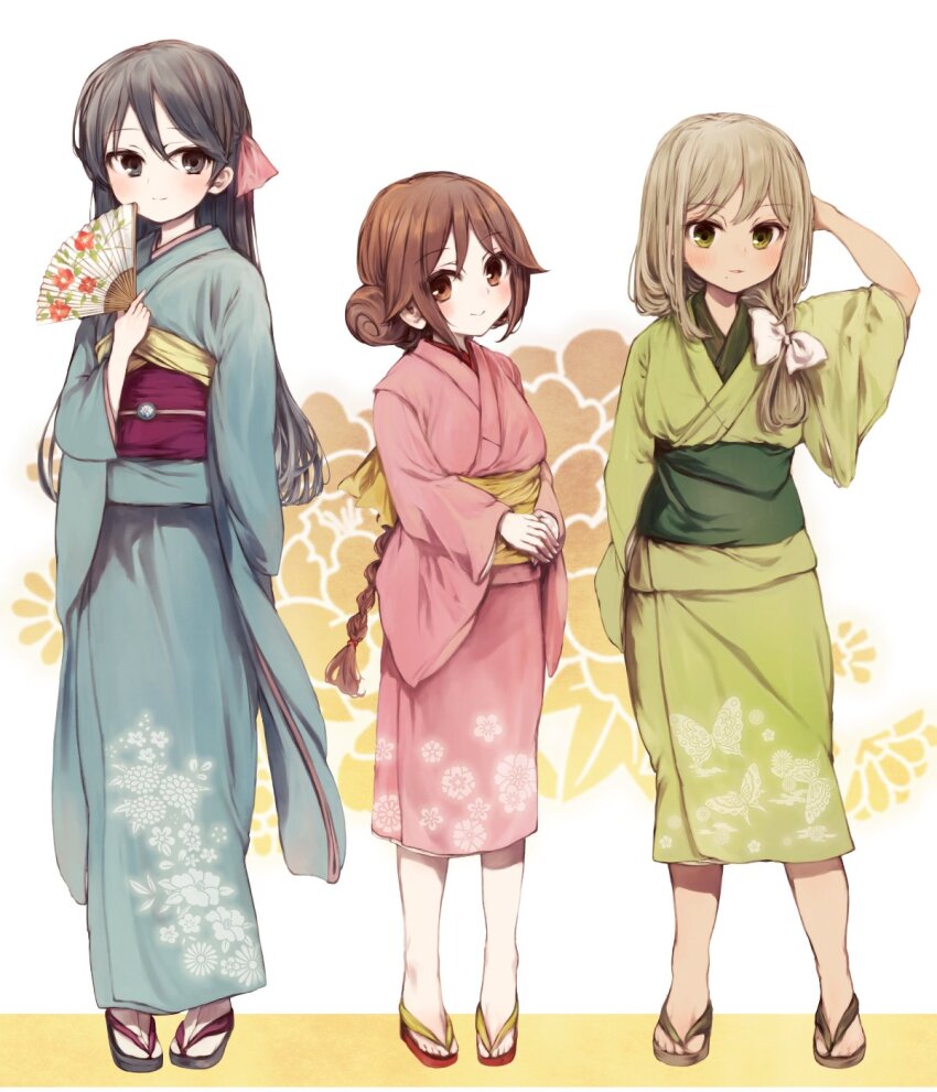 3girls, aqua_kimono, arm_behind_head, atsumi_ryou, black_hair, blonde_hair, bow, braid