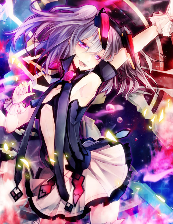 1girl, arm_up, armpits, black_wrist_cuffs, clothing_cutout, flat_chest, frilled_wrist_cuffs, frills