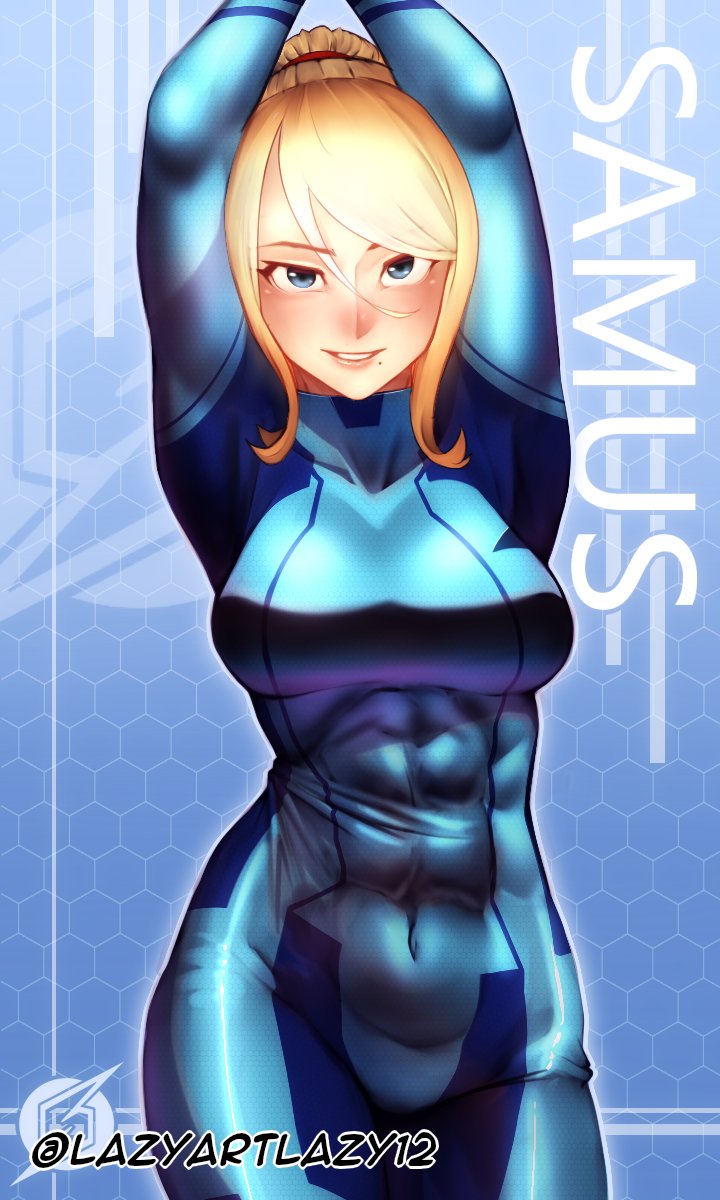 1girl, abs, arms_up, blonde_hair, blue_eyes, blush, breasts, highres