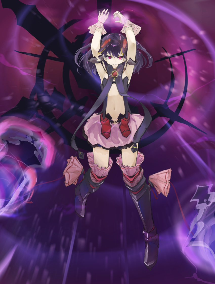 1girl, armored_boots, armpits, arms_up, black_shirt, boots, breasts, clothing_cutout