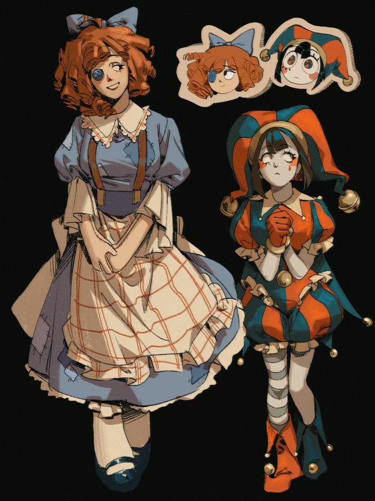 2girls, alternate_costume, apron, asymmetrical_footwear, asymmetrical_legwear, back_bow, bell, black_background, black_eyes, black_hair, blue_bodysuit, blue_bow, blue_dress, blue_eyes, blue_eyeshadow, blue_shoes, blush, bodysuit, bow, button_eyes, buttons, commentary, curly_hair, doll, double-parted_bangs, dress, eyeshadow, facing_viewer, frilled_dress, frilled_sleeves, frills, frown, gloves, hair_bow, hashtag-only_commentary, hat, head_tilt, height_difference, iria_arts, jester_cap, looking_ahead, looking_to_the_side, makeup, mismatched_eyes, mismatched_footwear, mismatched_legwear, multicolored_bodysuit, multicolored_eyes, multiple_girls, multiple_views, own_hands_clasped, own_hands_together, patchwork_clothes, plaid_apron, plaid_clothes, pomni_(the_amazing_digital_circus), ragatha_(the_amazing_digital_circus), red_bodysuit, red_eyes, red_gloves, red_hair, red_shoes, shoes, short_hair, simple_background, smile, socks, striped_clothes, striped_socks, untranslatable_commentary, tattoo, teardrop_tattoo, teeth, the_amazing_digital_circus, two-tone_bodysuit, white_apron, white_bow, white_socks