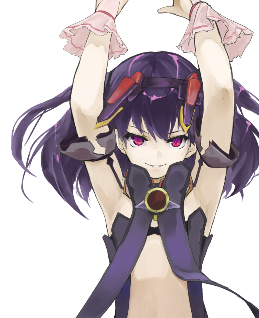 1girl, armpits, arms_up, black_shirt, breasts, clothing_cutout, evil_smile, frilled_wristband