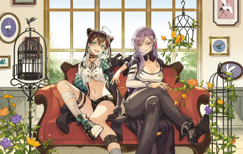 2girls, ahoge, aqua_socks, asymmetrical_bangs, asymmetrical_skirt, bandaged_leg, bandages, belt