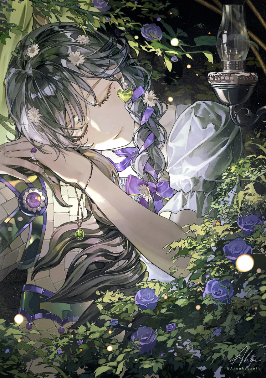 1girl, absurdres, ahoi, artist_name, black_hair, bow, braid, bush