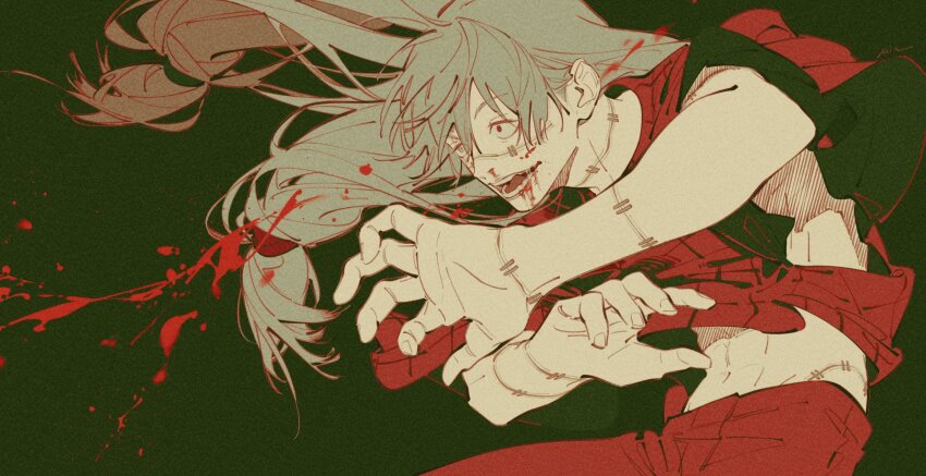 1boy, abs, black_background, blood, blood_splatter, cowboy_shot, heterochromia, highres