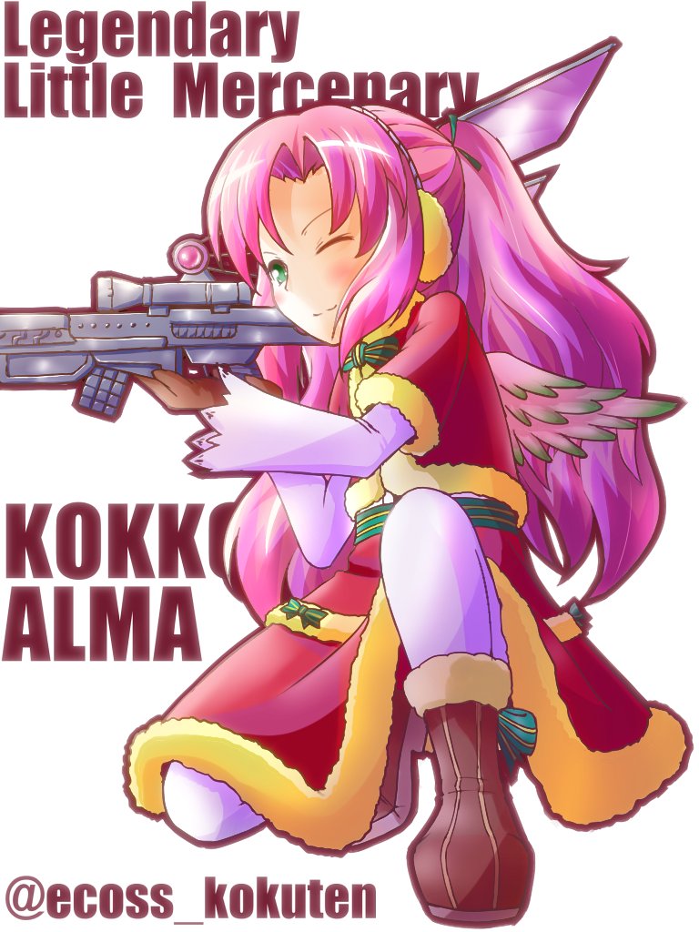 1girl, belt, bird_girl, boots, bow, brown_boots, earmuffs, ecoss_kokuten, emil_chronicle_online, fur_jacket, fur_skirt, green_belt, green_bow, green_eyes, gun, holding, holding_gun, holding_weapon, jacket, kokko_alma, long_hair, looking_through_scope, on_one_knee, one_eye_closed, pantyhose, pink_hair, ponytail, red_jacket, red_skirt, rifle, shirt, skirt, sniper_rifle, solo, twitter_username, weapon, white_pantyhose, white_shirt, white_wings, wings