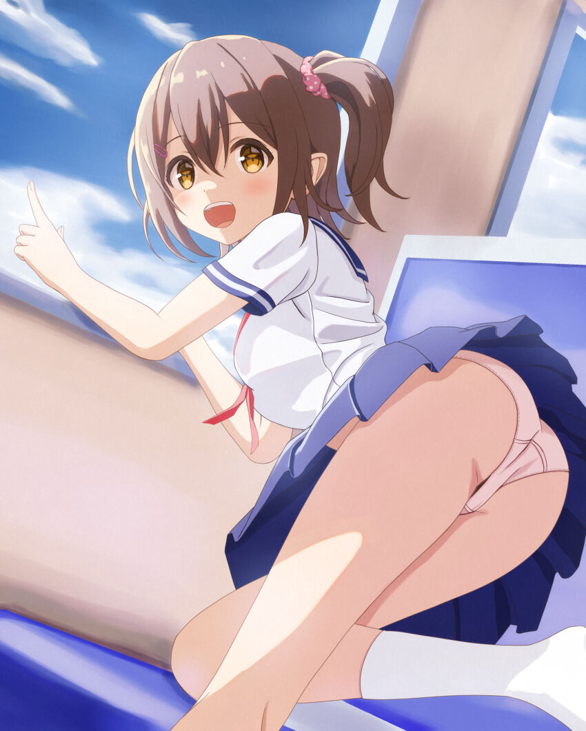 1girl, absurdres, ass, blue_sailor_collar, blue_skirt, blue_sky, blush, brown_eyes, brown_hair, cloud, commentary_request, crotch_seam, day, feet_out_of_frame, hair_ornament, hair_scrunchie, hairpin, highres, idolmaster, idolmaster_million_live!, idolmaster_million_live!_theater_days, indoors, kasuga_mirai, kneehighs, looking_at_viewer, looking_back, medium_hair, miuoisi, one_side_up, open_mouth, panties, pink_scrunchie, pleated_skirt, polka_dot, polka_dot_scrunchie, sailor_collar, school_uniform, scrunchie, serafuku, shirt, short_sleeves, skirt, sky, smile, socks, solo, turning_head, underwear, upskirt, white_panties, white_shirt, white_socks, window