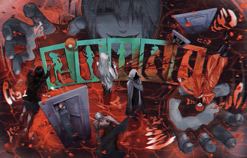 1girl, 6+boys, adashino_adami, chinese_commentary, cloak, colored_skin, commentary_request, door