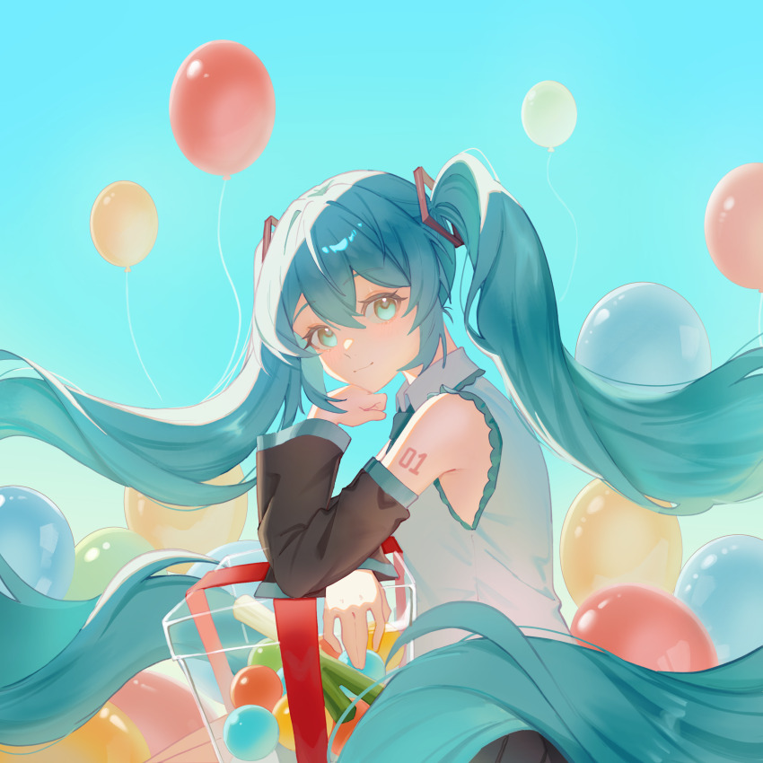 1girl, absurdres, aqua_eyes, aqua_hair, aqua_necktie, aqua_trim, arm_tattoo, balloon