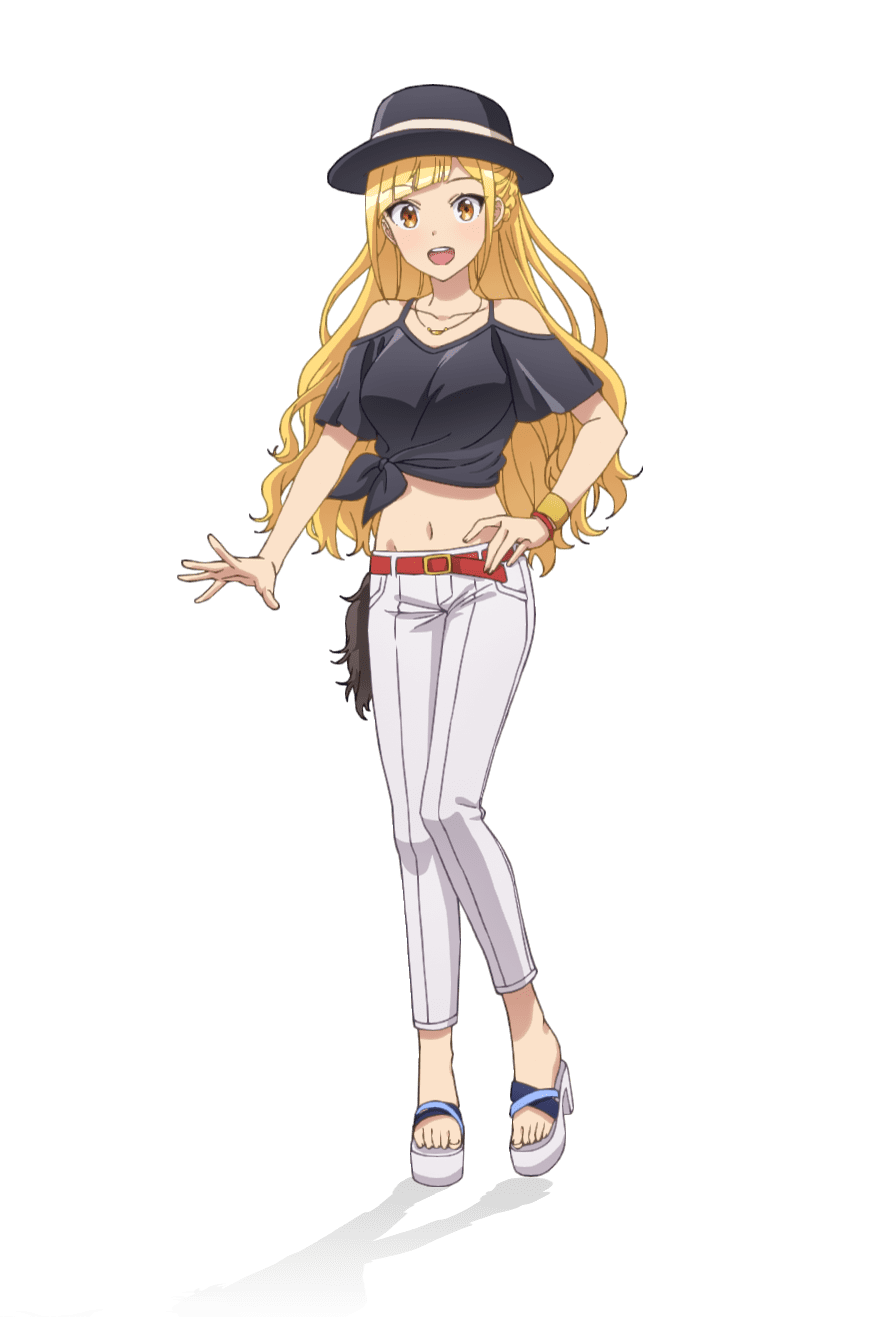 1girl, :d, anime_coloring, bare_shoulders, belt, black_hat, black_shirt, blonde_hair