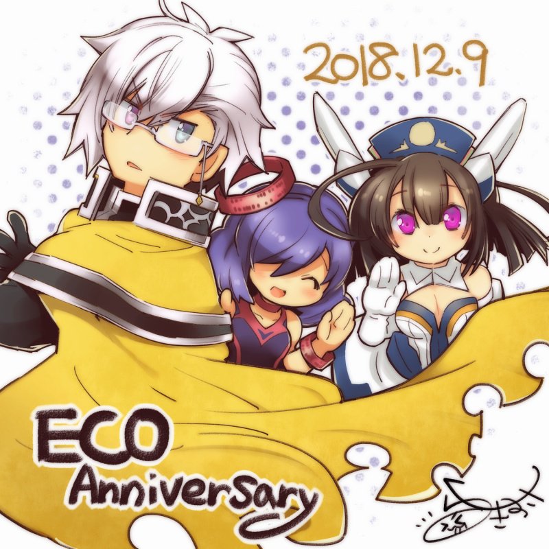 1boy, 2girls, ahoge, android, anniversary, artist_name, blue_dress, blue_eyes