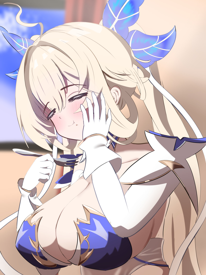 1girl, absurdres, ahoge, azur_lane, blonde_hair, blue_bow, blush, bow, breasts, cleavage, closed_eyes, eating, fork, gloves, hair_bow, hand_on_own_cheek, hand_on_own_face, hands_up, happy, highres, holding, holding_fork, indoors, kawakazeman, large_breasts, long_hair, massena_(azur_lane), solo, upper_body, white_gloves, window