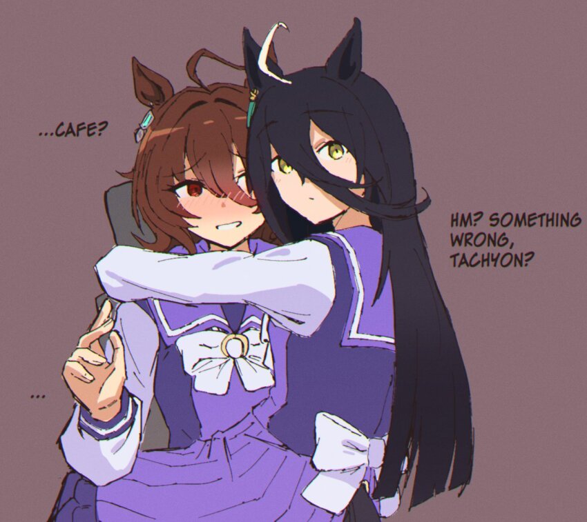 2girls, :/, agnes_tachyon_(umamusume), ahoge, animal_ears, arms_around_neck, black_hair, blush, bow, bowtie, brown_background, brown_hair, closed_mouth, clothing_cutout, commentary, english_commentary, english_text, grin, hair_between_eyes, hair_intakes, horse_ears, horse_girl, horse_tail, hug, long_hair, long_hair_between_eyes, long_sleeves, looking_at_another, looking_at_viewer, manhattan_cafe_(umamusume), medium_hair, multiple_girls, nervous_smile, nose_blush, pixloen, purple_sailor_collar, purple_serafuku, purple_shirt, raised_inner_eyebrows, red_eyes, sailor_collar, school_uniform, serafuku, shirt, simple_background, sitting, sitting_on_lap, sitting_on_person, smile, tail, tail_through_clothes, tracen_school_uniform, umamusume, white_bow, white_bowtie, white_sleeves, winter_uniform, yellow_eyes, yuri