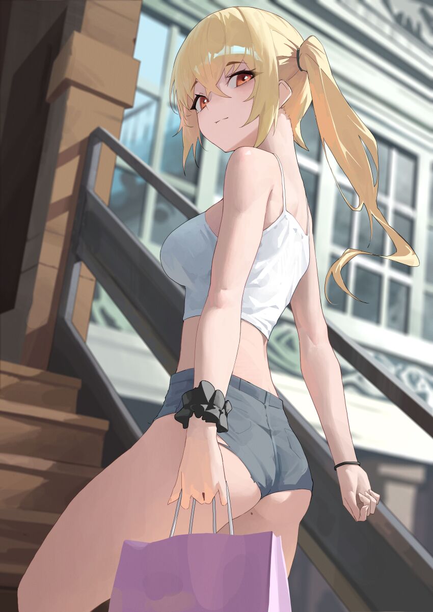 1girl, absurdres, alternate_costume, ass, bag, black_shorts, blonde_hair, breasts, camisole, highres, holding, holding_bag, hwan_(verypoor), korean_commentary, looking_at_viewer, looking_back, luciana_de_montefio, medium_breasts, on_stairs, red_eyes, scrunchie, shopping_bag, short_shorts, shorts, side_ponytail, solo, white_camisole, wrist_scrunchie, zenless_zone_zero