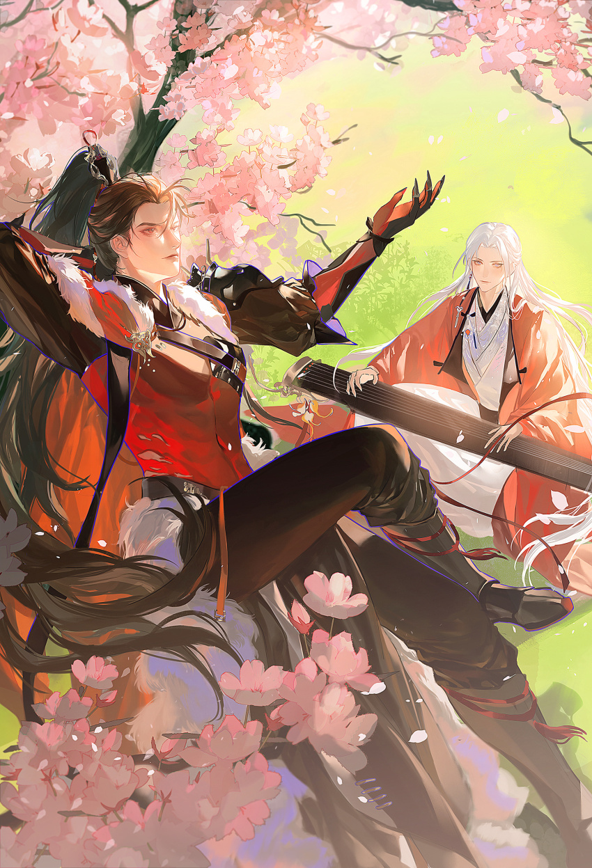 2boys, absurdres, arm_behind_head, belt, black_belt, black_boots, black_pants, boots, brown_hair, cape, cherry_blossoms, chinese_clothes, chinese_commentary, clawed_gauntlets, closed_mouth, coat, compression_shirt, curtained_hair, day, earrings, falling_petals, flower, fur-trimmed_cape, fur_trim, gloves, grass, guqin, hair_pulled_back, hand_up, hanfu, high_ponytail, highres, in_tree, instrument, instrument_on_lap, jewelry, knee_boots, lapels, light_smile, lips, long_hair, long_sleeves, lying, male_focus, mandarin_collar, mole, mole_under_eye, multiple_boys, music, on_back, on_ground, open_clothes, open_coat, pants, parted_bangs, pelvic_curtain, petals, pink_flower, playing_instrument, ponytail, purple_eyes, red_cape, red_coat, red_eyes, red_gloves, red_shirt, robe, san_huan_xinzuo, shirt, single_earring, sitting, sitting_in_tree, snow, tassel, three-quarter_sleeves, tree, v-shaped_eyebrows, very_long_hair, white_hair, white_hanfu, white_robe, wide_sleeves, xiao_guan_(headdress), xu_liang