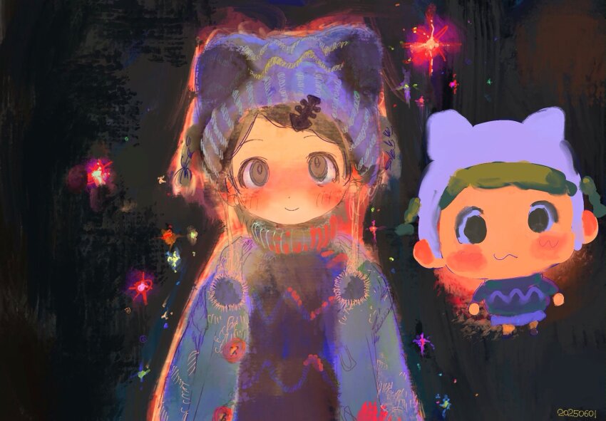 1girl, animal_hat, arms_at_sides, black_background, black_eyes, black_hair, black_sweater, blue_hat