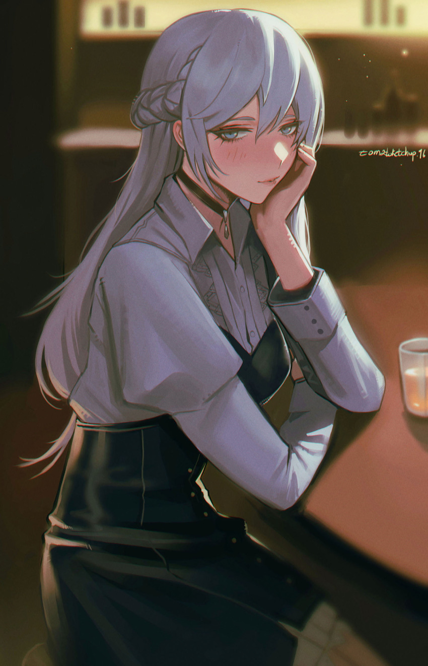 1girl, absurdres, artist_name, blue_eyes, blurry, blurry_background, blush, braid