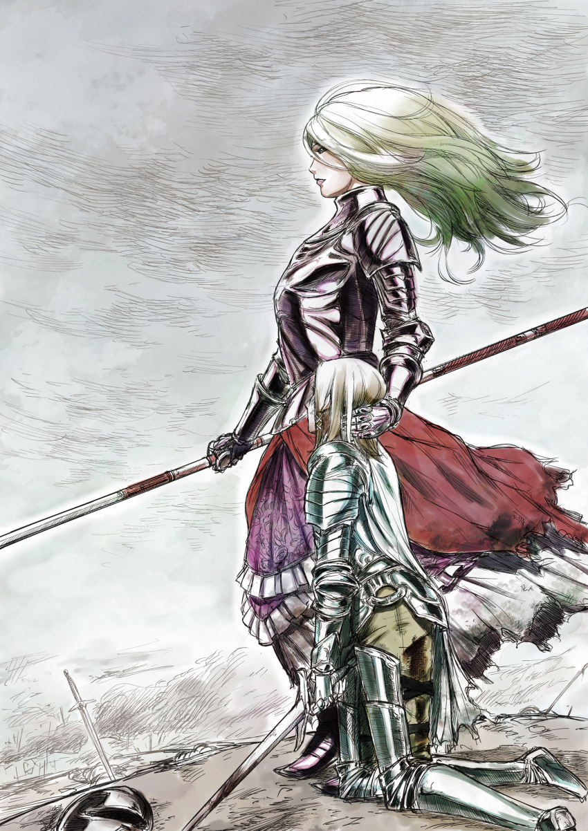 2girls, armor, battlefield, blonde_hair, full_armor, gauntlets, highres, kagijou_urushi