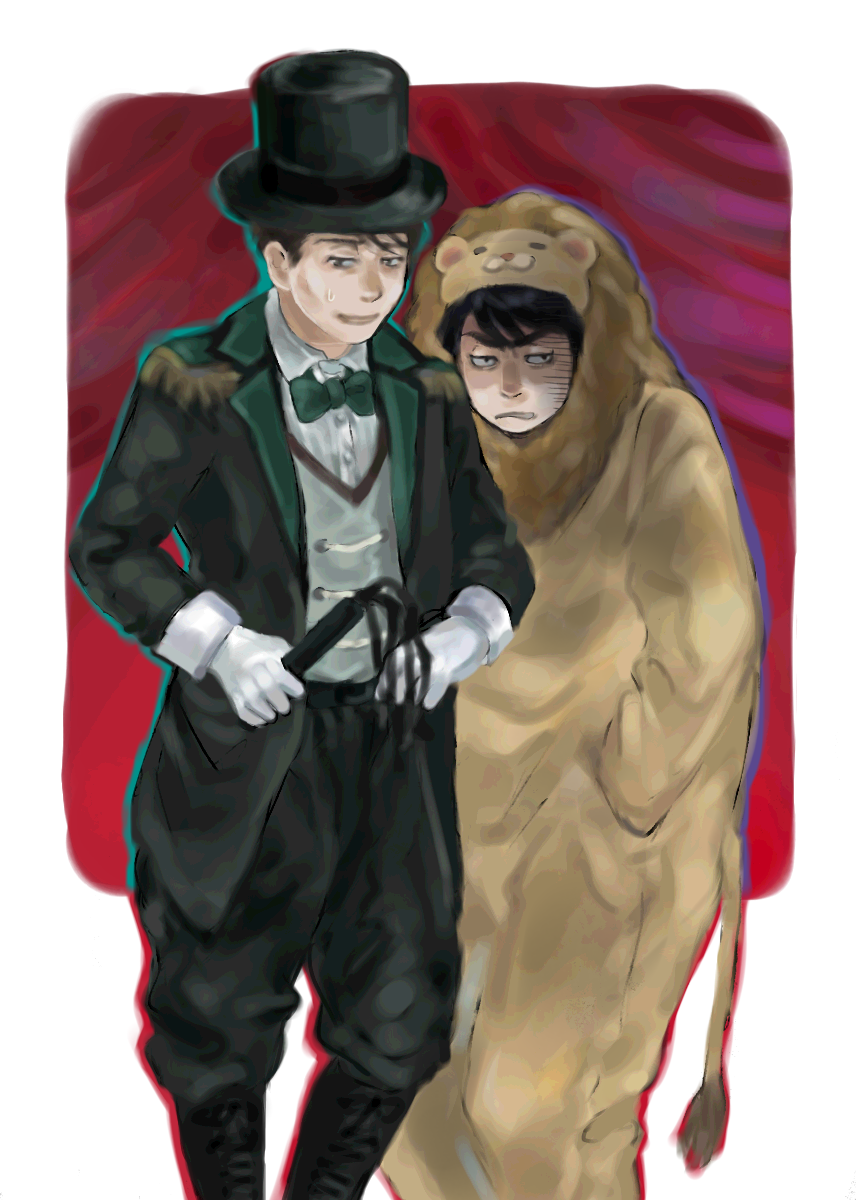2boys, animal_costume, black_hair, black_hat, black_pants, black_suit, bow, bowtie