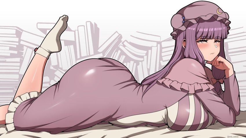 1girl, absurdres, andycookiez, ass, blunt_bangs, book, bow, breasts, crescent, crescent_hat_ornament, dress, hair_bow, hat, hat_ornament, highres, huge_ass, large_breasts, long_hair, looking_at_viewer, lying, mob_cap, nightgown, patchouli_knowledge, plump, purple_dress, purple_eyes, purple_hair, socks, solo, striped_clothes, striped_dress, touhou, white_socks