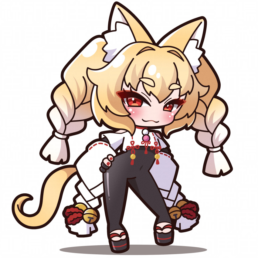 1girl, absurdres, animal_ear_fluff, animal_ears, bell, black_bodysuit, black_gloves, black_sandals