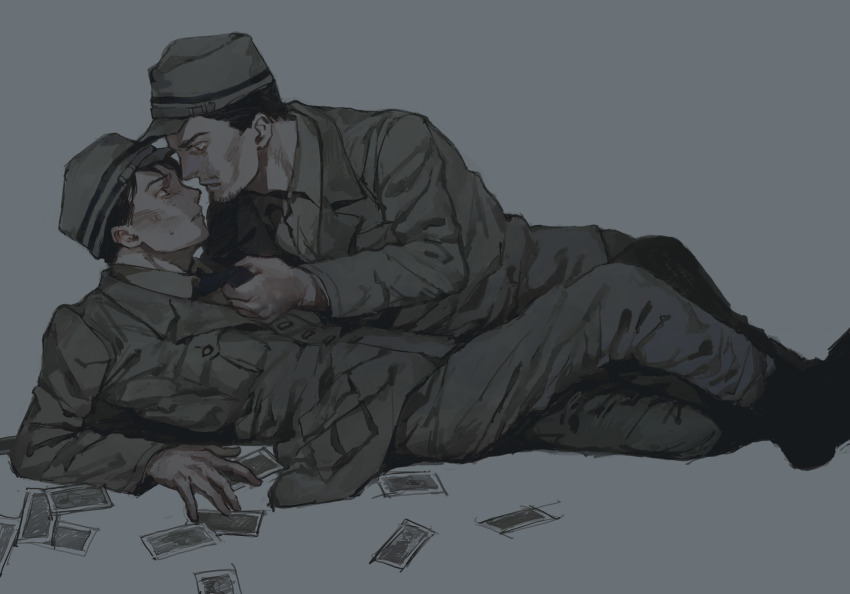 2boys, black_necktie, black_shoes, character_request, clothes_grab, eye_contact, facial_hair, goatee_stubble