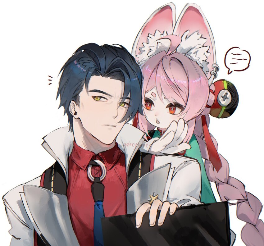 1boy, 1girl, accessories, ahoge, animal_ear_fluff, blue_hair, braid, bright_pupils, buck_teeth, collared_shirt, damian_blackwood, furry, furry_female, furry_with_non-furry, galaxysilver, highres, interspecies, jacket, long_braid, o-ring_necktie, pink_fur, rabbit_girl, red_eyes, red_shirt, screw, shirt, short_eyebrows, simple_background, teeth, thick_eyebrows, twin_braids, whispering, white_background, white_fur, white_jacket, white_pupils, yellow_eyes, zenless_zone_zero, zhao_(zenless_zone_zero)