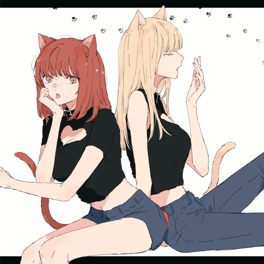 2girls, animal_ears, back-to-back, blonde_hair, breasts, cat_ears, choker, cleavage, denim, denim_shorts, footprints, hand_on_own_chin, highres, jeans, kakmxxxny06, kono_koi_wo_hoshi_ni_wa_negawanai, kurokawa_kisaki, multiple_girls, navel, pants, red_hair, second-party_source, shirai_eri, shorts, simple_background, sitting, tail, tongue, yawning