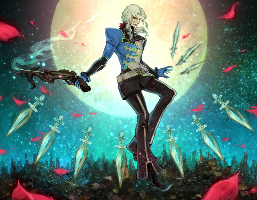 10s, 1boy, bell-bottoms, belt, bow, bow_(weapon), crossbow, dagger