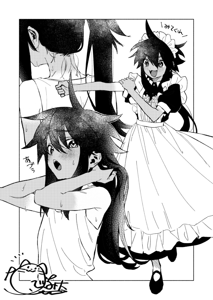 1boy, :d, :o, ahoge, apron, back, bare_arms, commentary