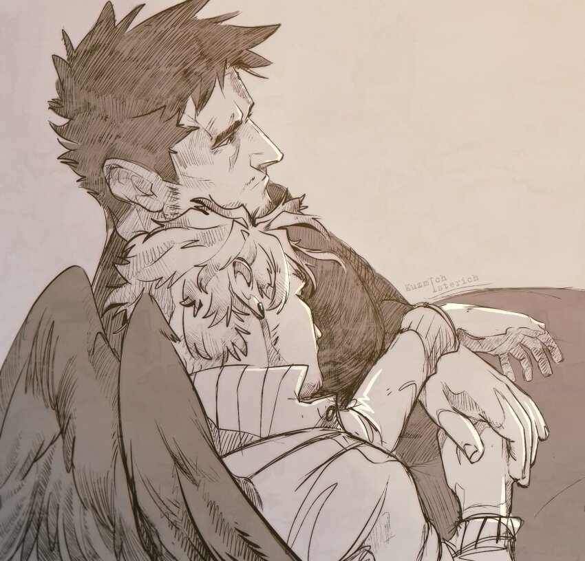 2boys, artist_name, boku_no_hero_academia, closed_eyes, closed_mouth, collared_jacket, commentary, endeavor_(boku_no_hero_academia)