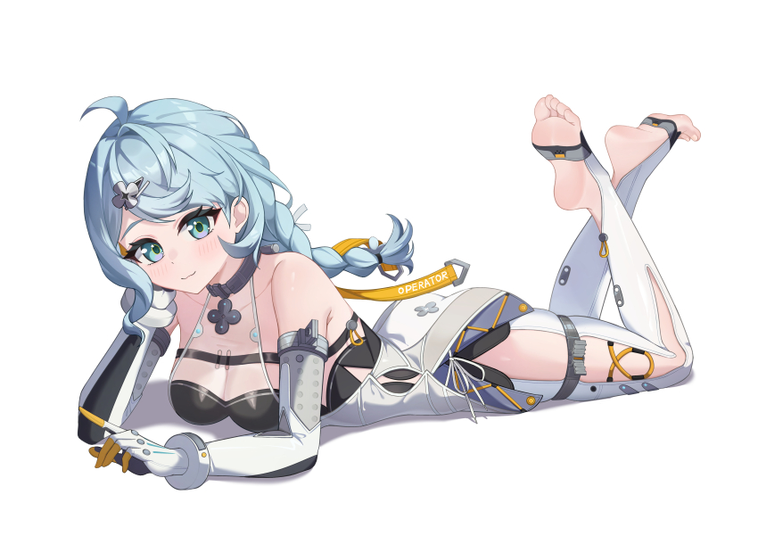 1girl, absurdres, barefoot, blue_eyes, blue_hair, blush, feet, gloves